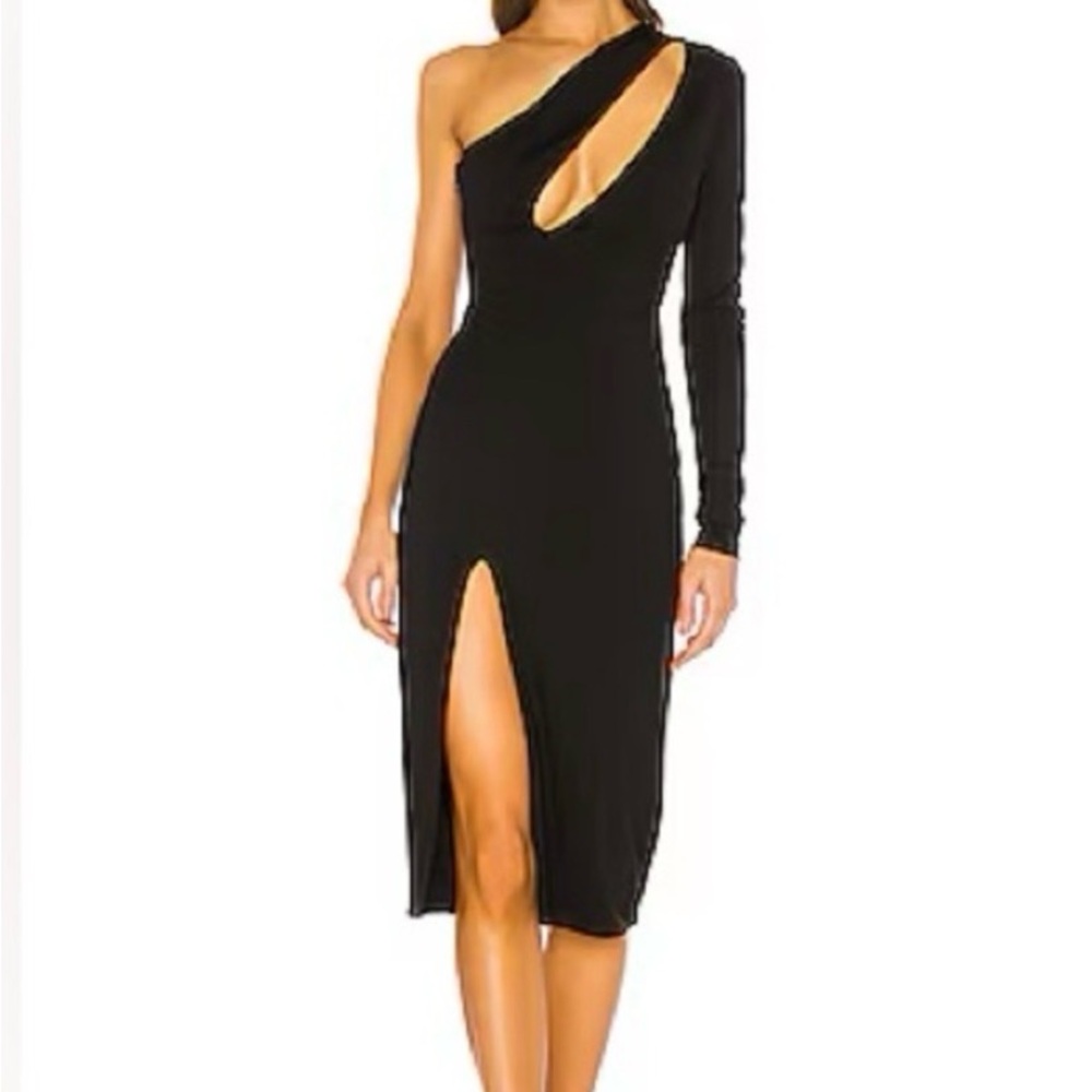 h:ours NWT Pagne Midi Dress: Black One-Shoulder Cutout Dress